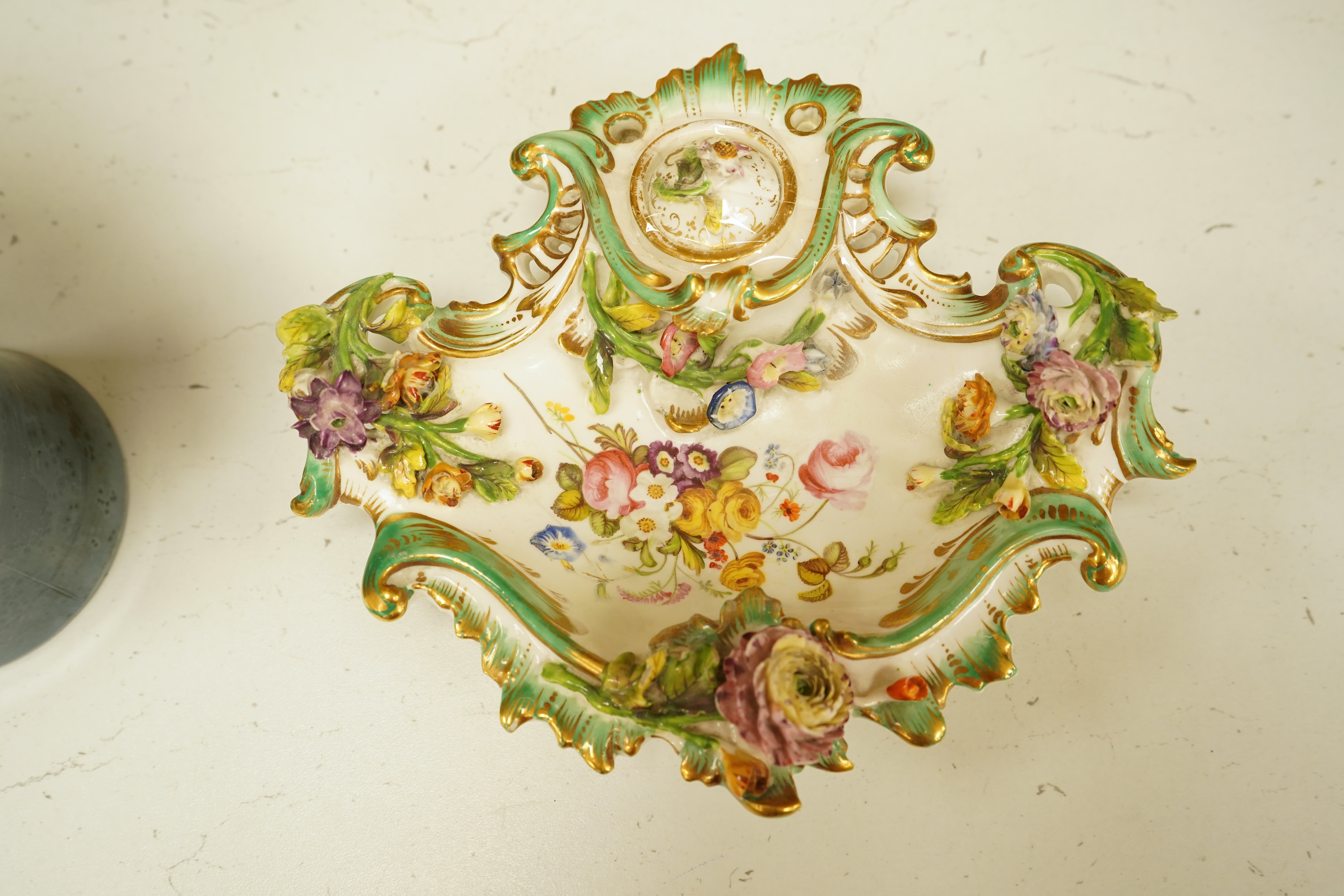 Worcester Sabrina porcelain vase numbered 2195 and bone china inkstand with floral encrusted decoration, largest 20cm high